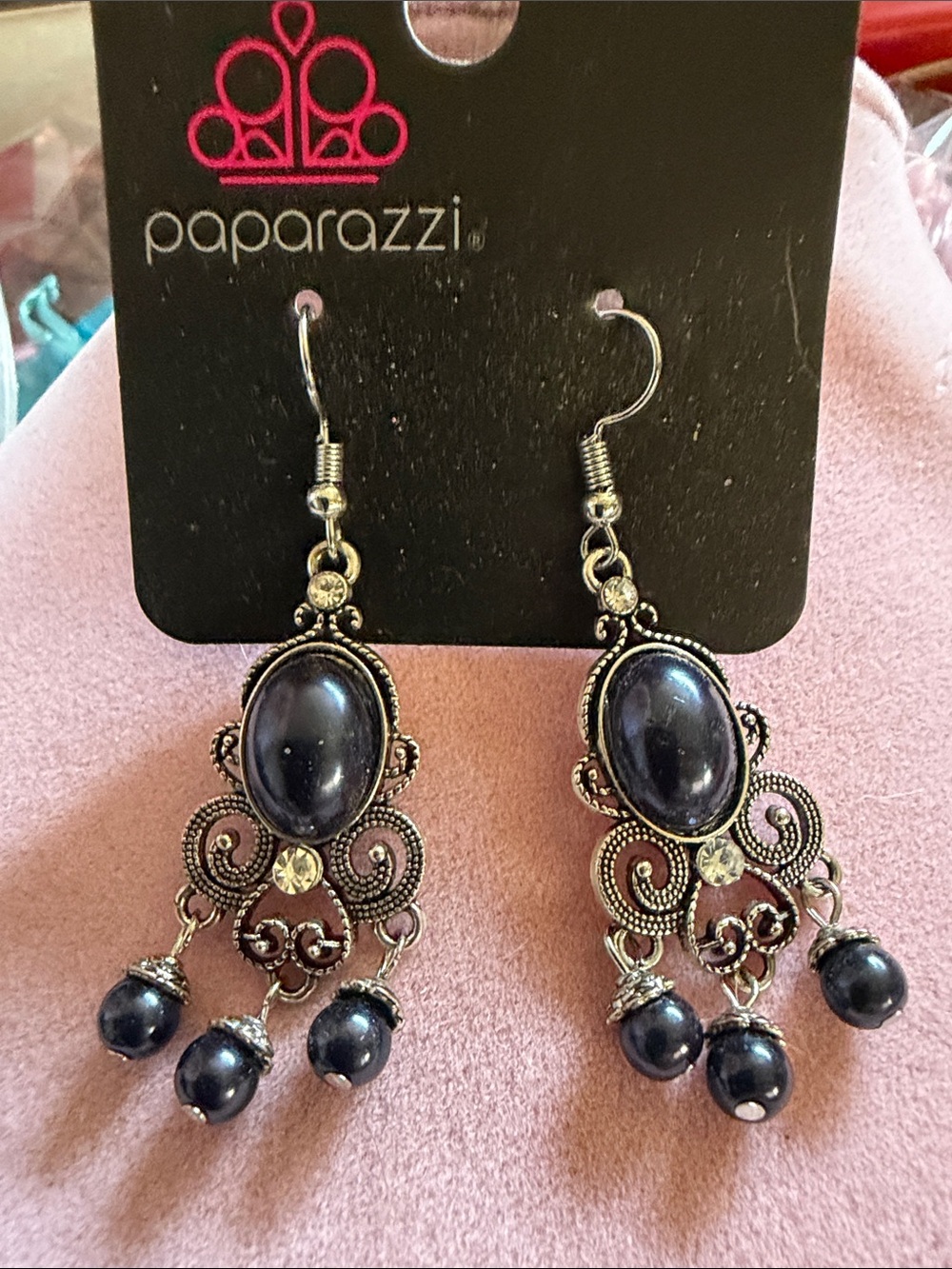 Paparazzi Navy Filigree Chandelier Earrings, 2” Drop, (J0295)